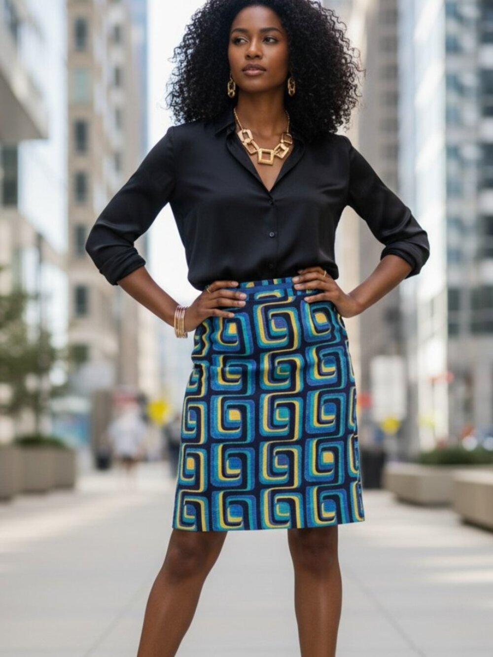 Boden Retro Geometric Print Lined Pencil Skirt Yellow Blue Whimsical Bold Bright